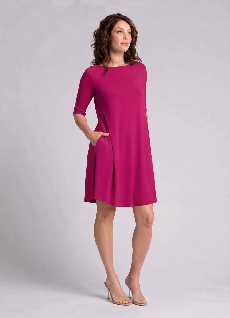 Sympli Nu Trapeze Swing Dress Size 12 Magenta Elbow Sleeve Stretch Pockets